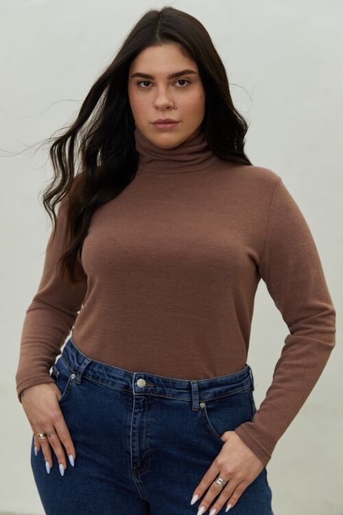 Mocha knitted angora melange turtleneck plus size