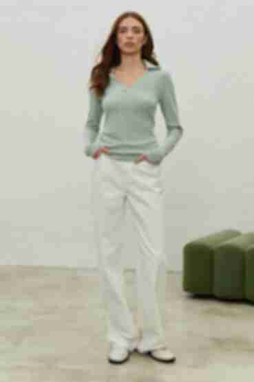 Sage ribbed knitted longsleeve with V-neck and collar