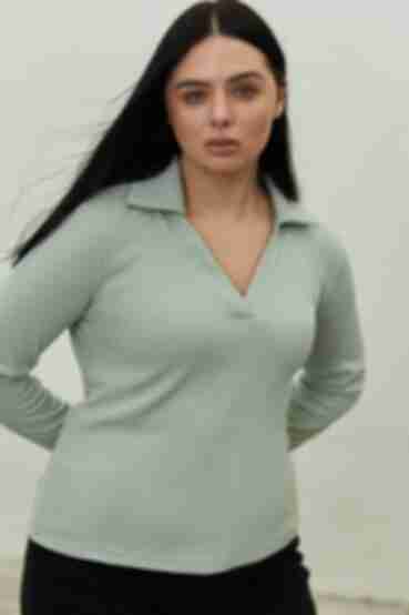 Sage ribbed knitted longsleeve with V-neck and collar plus size