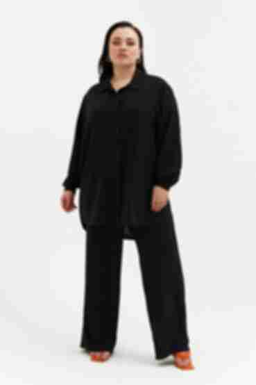 Black suit with blouse and palazzo trousers made of crushed viscose plus size
