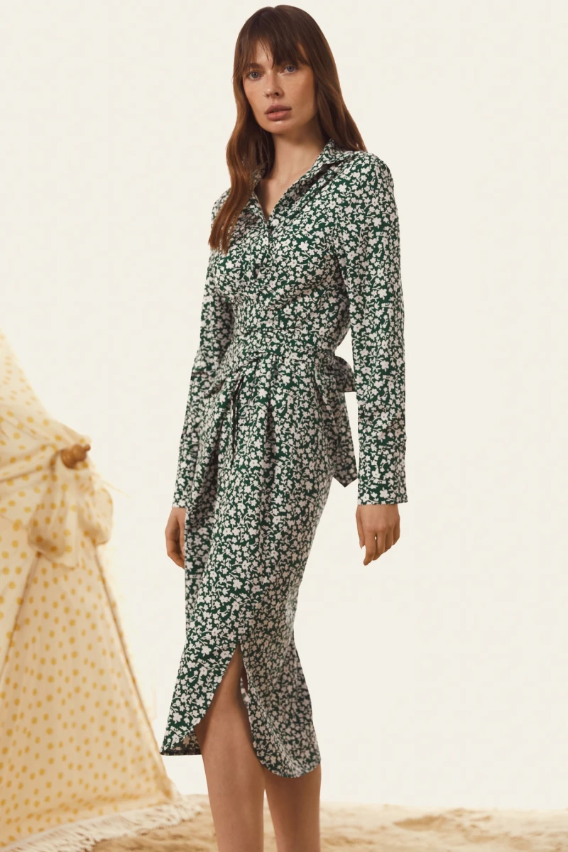 Green midi shirt dress in milky flowers made of soft rayon