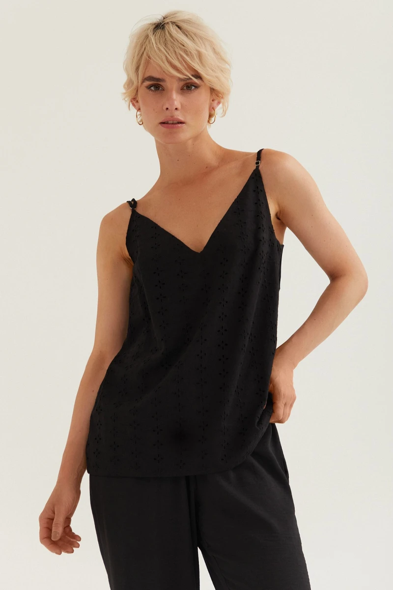 Black embroidered batiste top with straps #2