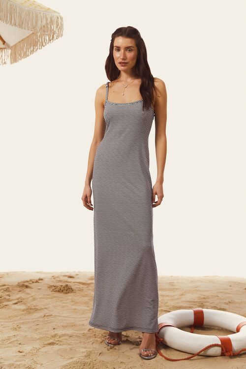 Maxi knitted dress in blue and milky stripes