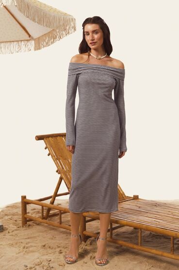 Midi knitted off-shoulder dress in blue and milky stripes