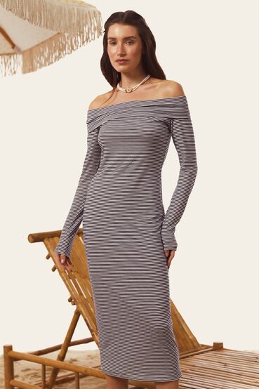 Midi knitted off-shoulder dress in blue and milky stripes #2