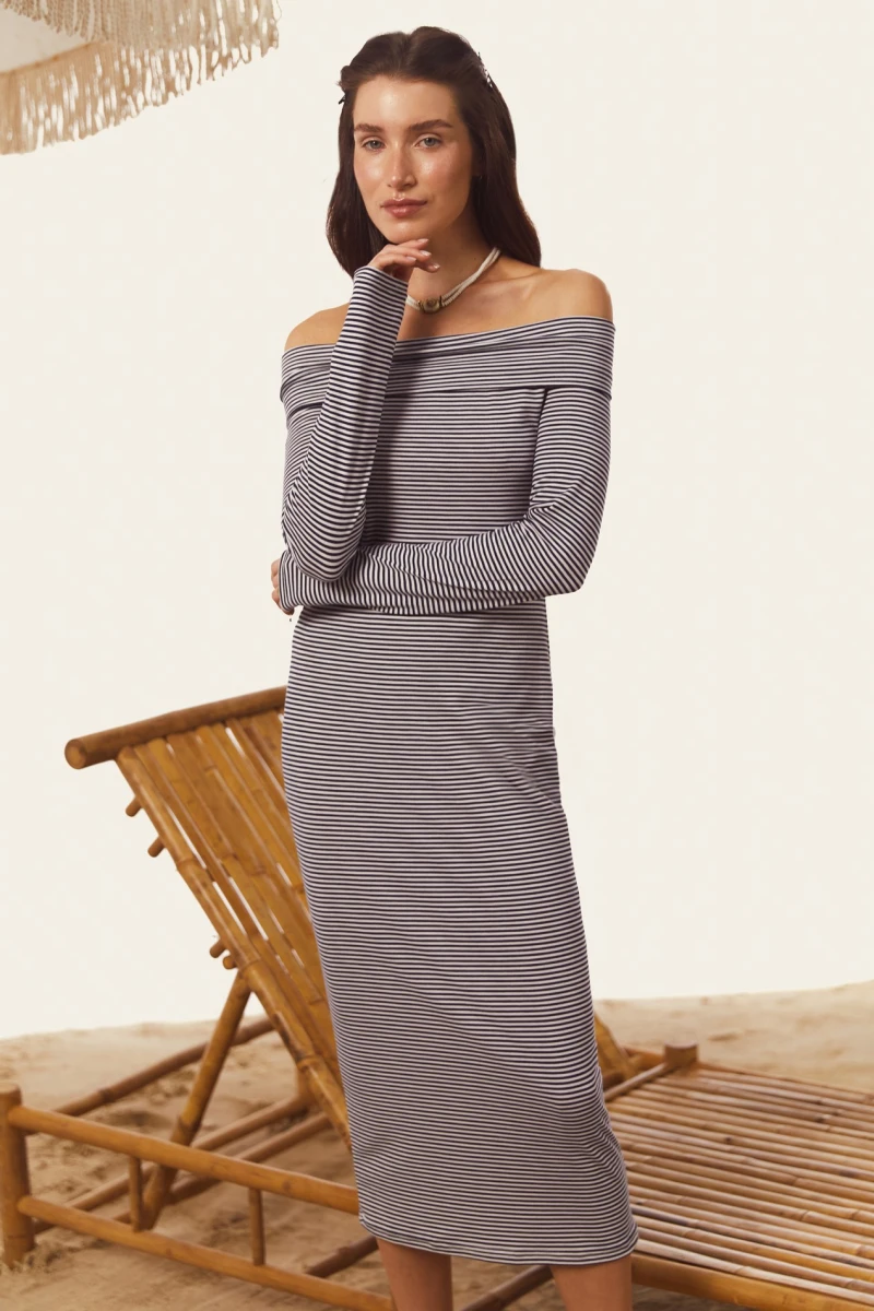 Striped off-shoulder midi dress