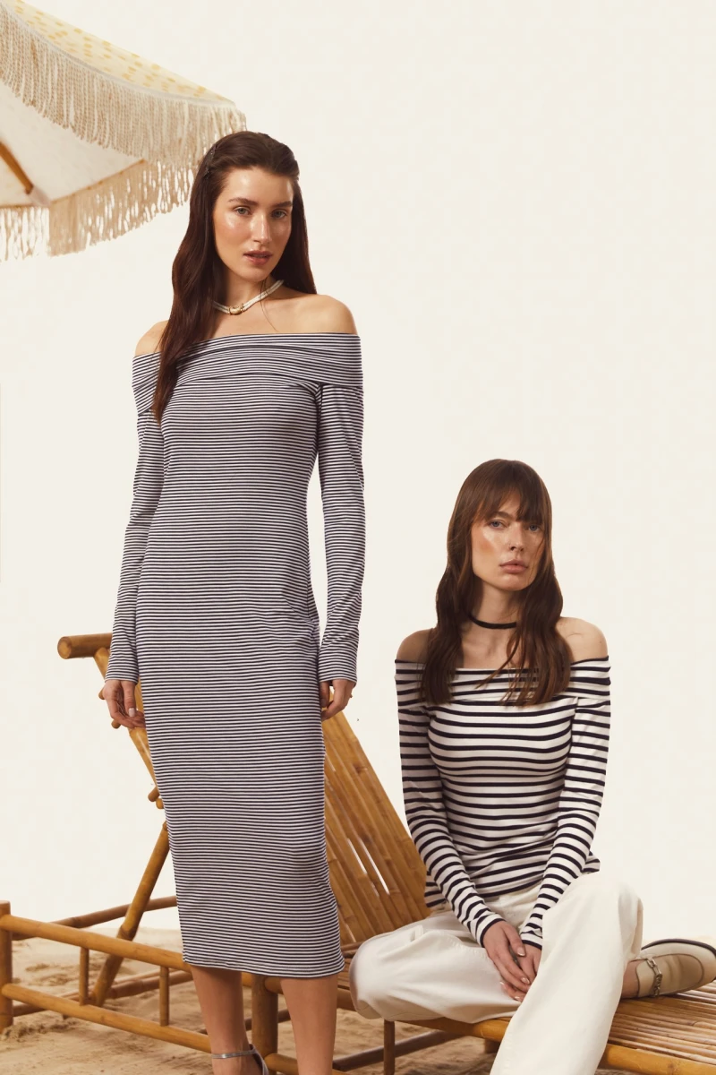 Striped off-shoulder midi dress