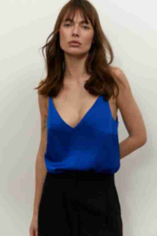 Electric blue shoulder strap top made of artificial silk