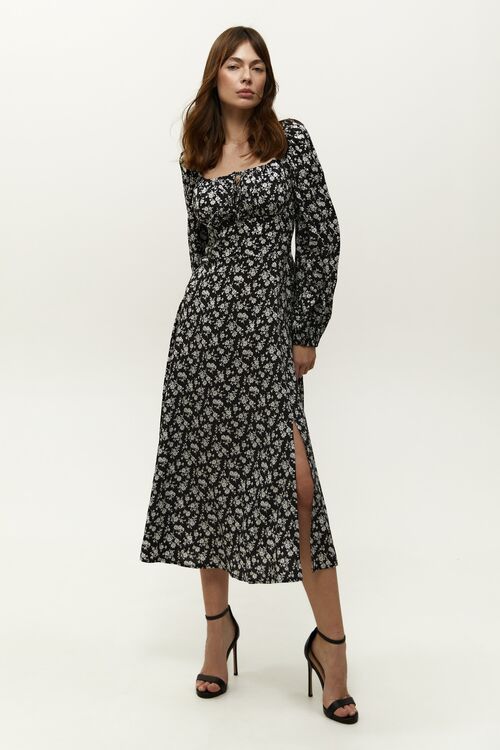 Black midi staple cotton dress in milky flowers