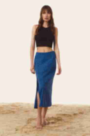 Blue midi printed skirt with slit