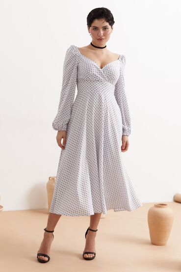 Midi soft black polka dot dress on white