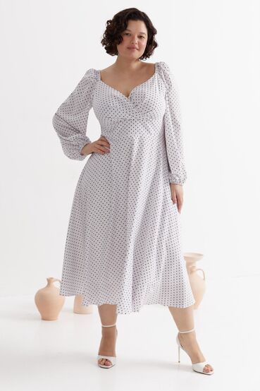 Midi soft black polka dot dress on white large size