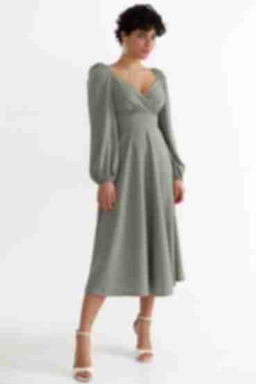Olive midi wrap dress in milky dots made of soft rayon