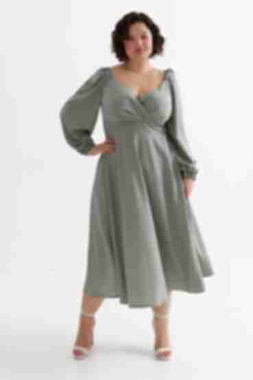 Olive midi wrap dress in milky dots made of soft rayon plus size