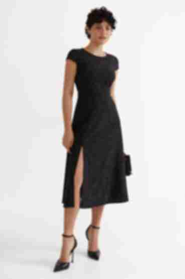 Black midi dress with slit in milky dots made of soft rayon