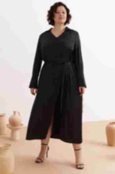 Платье миди искусственный шелк черное большой размер