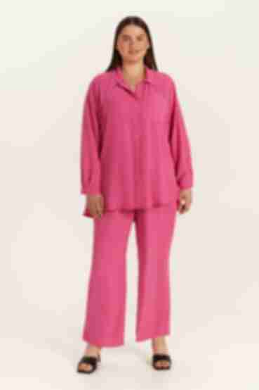 Fuchsia palazzo suit with blouse and trousers made of crushed viscose plus size
