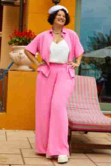 Костюм палацо блуза з коротким рукавом та брюки віскоза жатка рожевий великий розмір