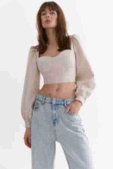 Blush long-sleeved crop top made of suiting fabric