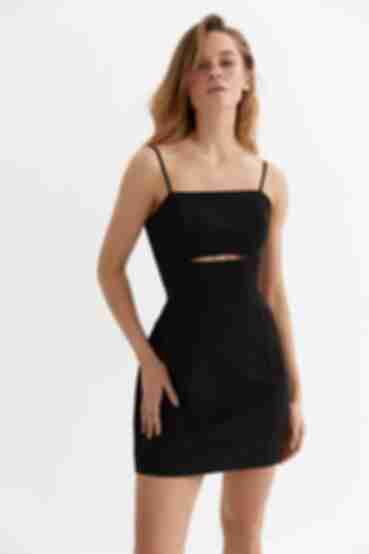 Black mini sundress with shaped slit made of suiting fabric