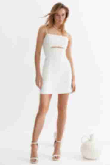 Milky mini sundress with shaped slit made of suiting fabric