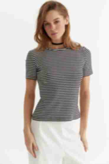 Knitted ribbed T-shirt in black stripes
