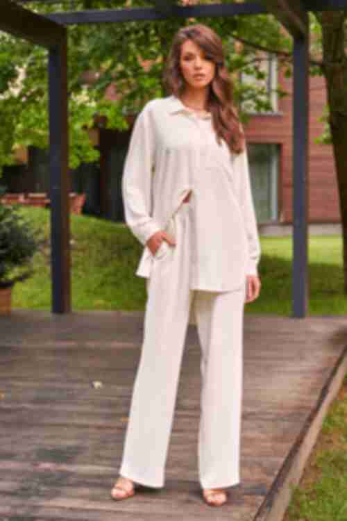 Milky suit with blouse and palazzo trousers