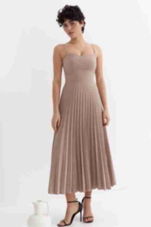 Mocha demi dress with corset top and pleated skirt