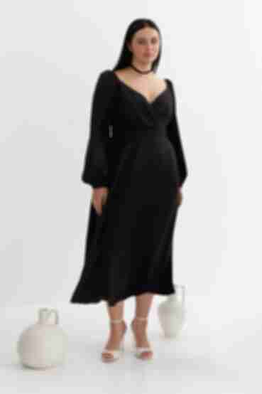 Black midi wrap dress made of artificial silk plus size