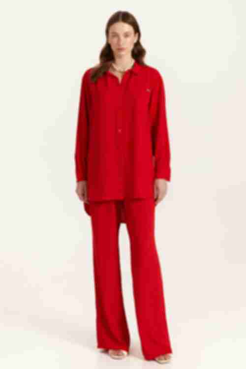Костюм блуза і брюки палацо віскоза жатка червоний
