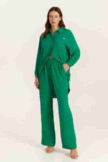 Костюм блуза та брюки палацо віскоза жатка зелений