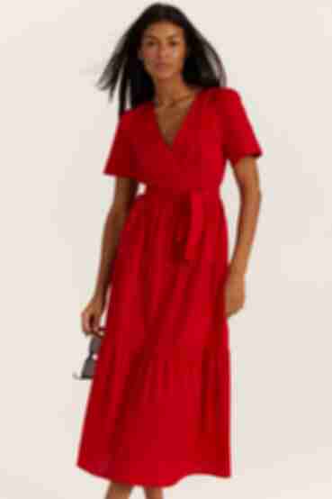 Red midi cotton wrap dress