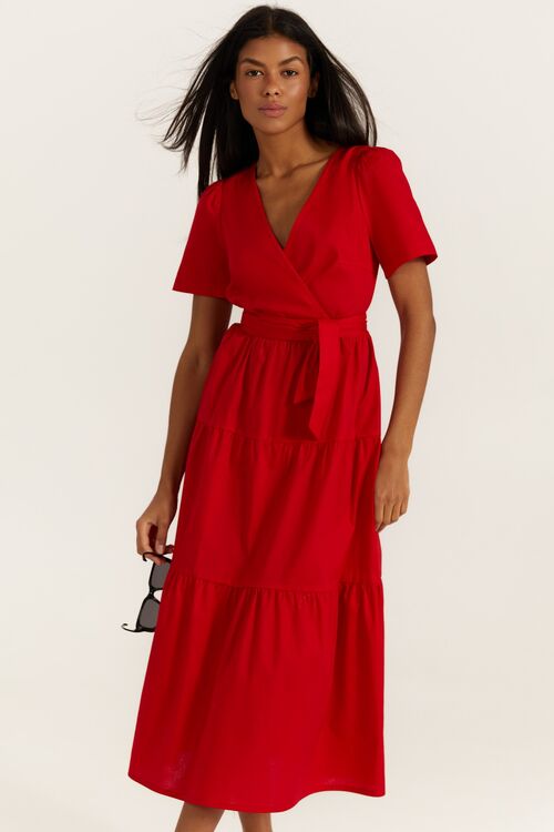 Red midi cotton wrap dress