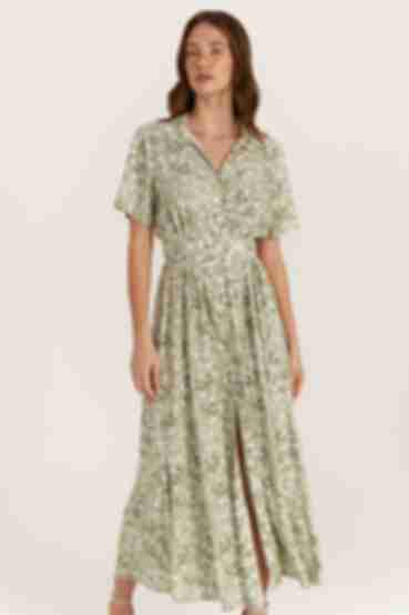 Green midi dress in milky flowers made of staple cotton