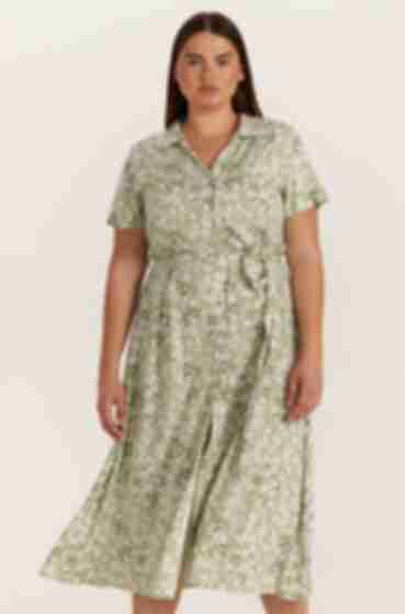 Green midi dress in milky flowers made of staple cotton plus size