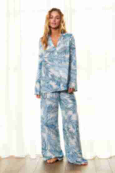 Пижамный комплект рубашка и брюки штапель бирюзовый принт на голубом
