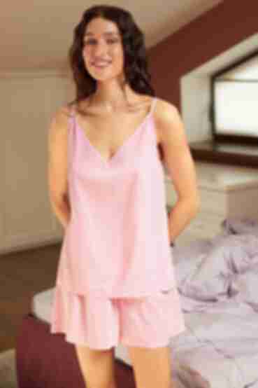 Pink and white striped pajama set with top and shorts made of staple cotton
