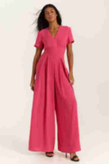 Fuchsia viscose jumpsuit with a tuck-in belt