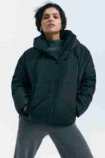 Short jacket with a hood made of black raincoat fabric