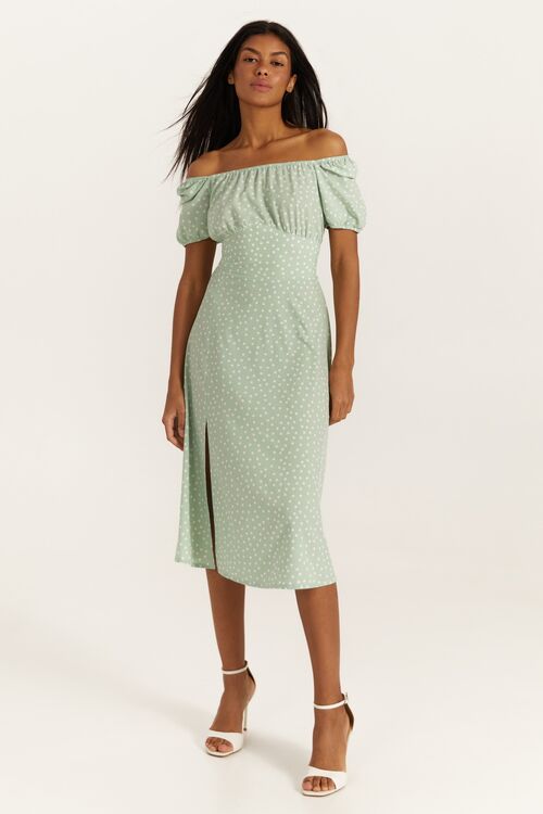 Mint midi soft rayon dress with slit in small milky dots