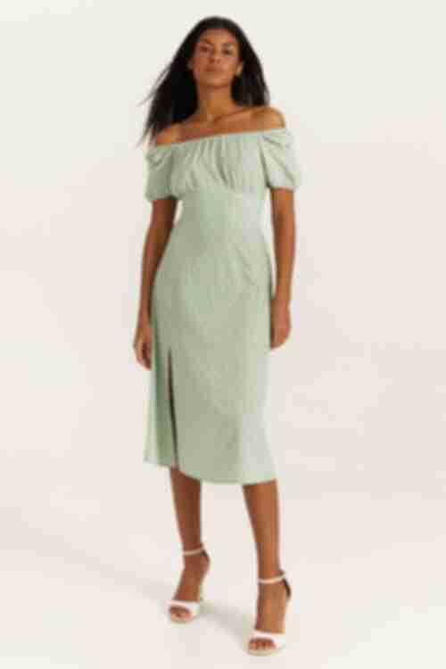 Mint midi soft rayon dress with slit in small milky dots