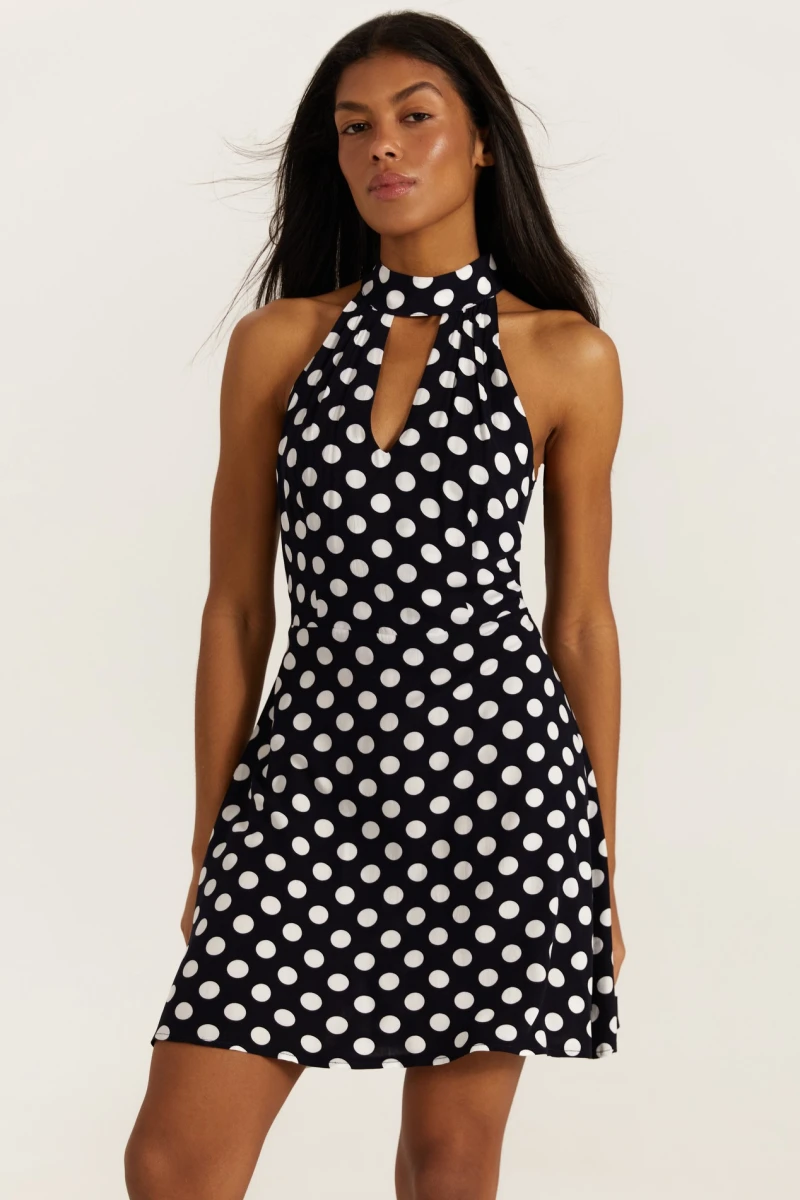 Dark blue mini staple cotton dress in large milky dots #2