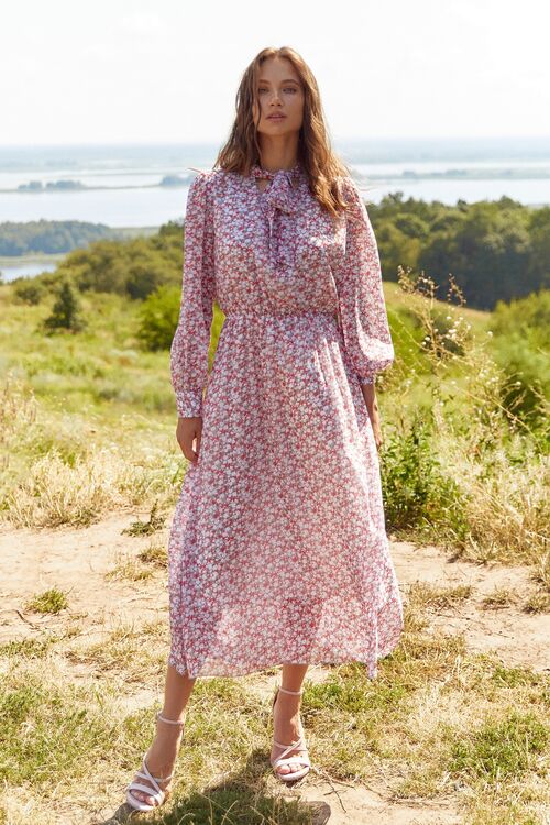 Dress with tie neck midi chiffon red flowers on sage 