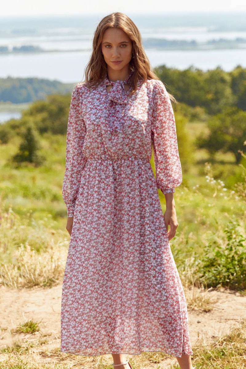 Dress with tie neck midi chiffon red flowers on sage 
