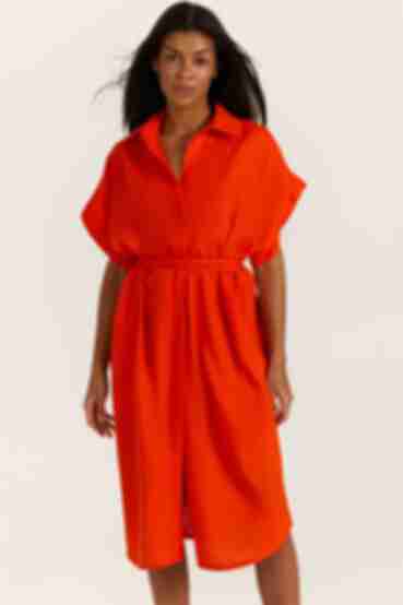 Платье-рубашка лен оранжевое