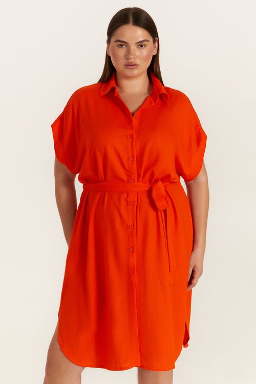 Orange linen shirt dress plus size