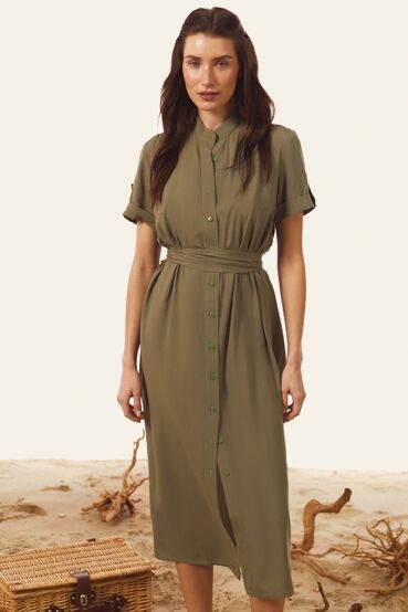 Khaki midi shirt dress with band collar made of staple cotton #2