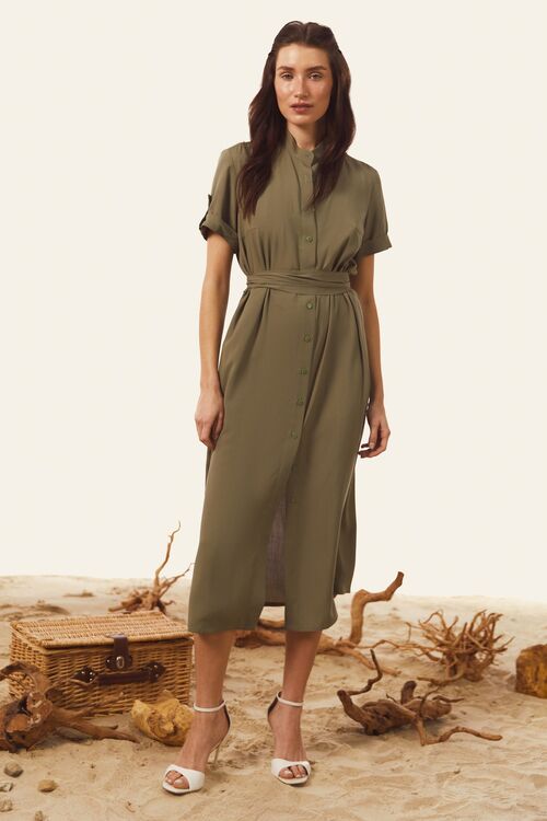 Khaki midi shirt dress with band collar made of staple cotton