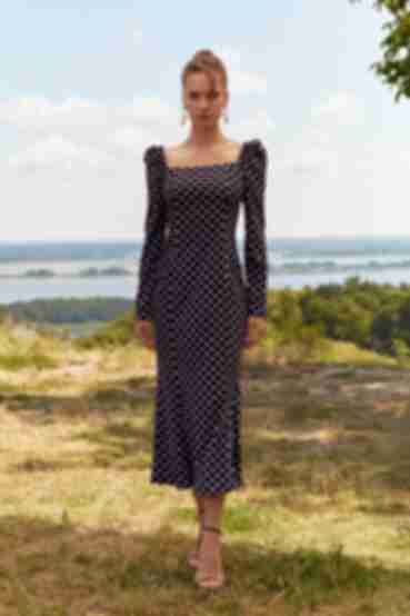 Black midi soft rayon dress in milky dots