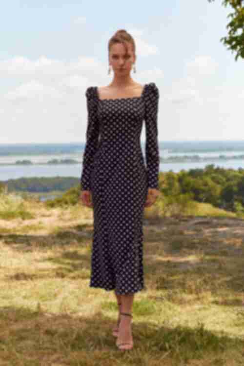 Black midi soft rayon dress in milky dots